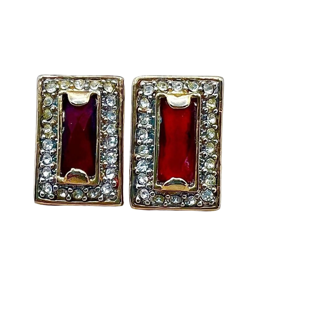 Ruby Red Rhinestone Rectangular Elegant Fancy Pos… - image 1